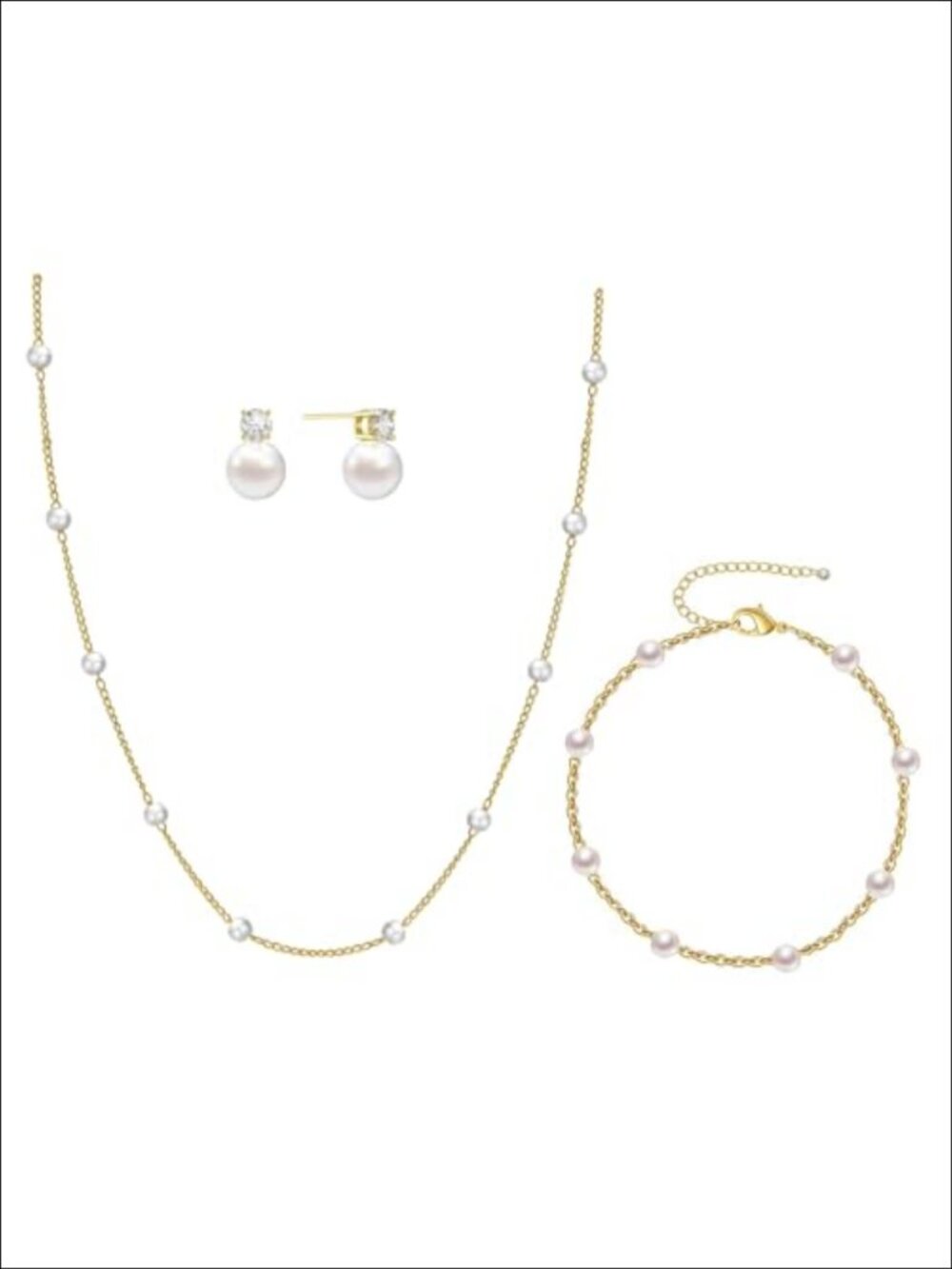 14K Gold Plated Pearl Necklace Bracelet Earrings Set for Women
